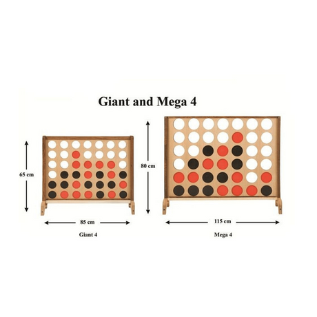 "Comparison of two wooden Connect Four game sets labeled 'Giant 4' and 'Mega 4', showing their respective dimensions: Giant 4 is 65 cm tall and 85 cm wide, while Mega 4 is 80 cm tall and 115 cm wide."
