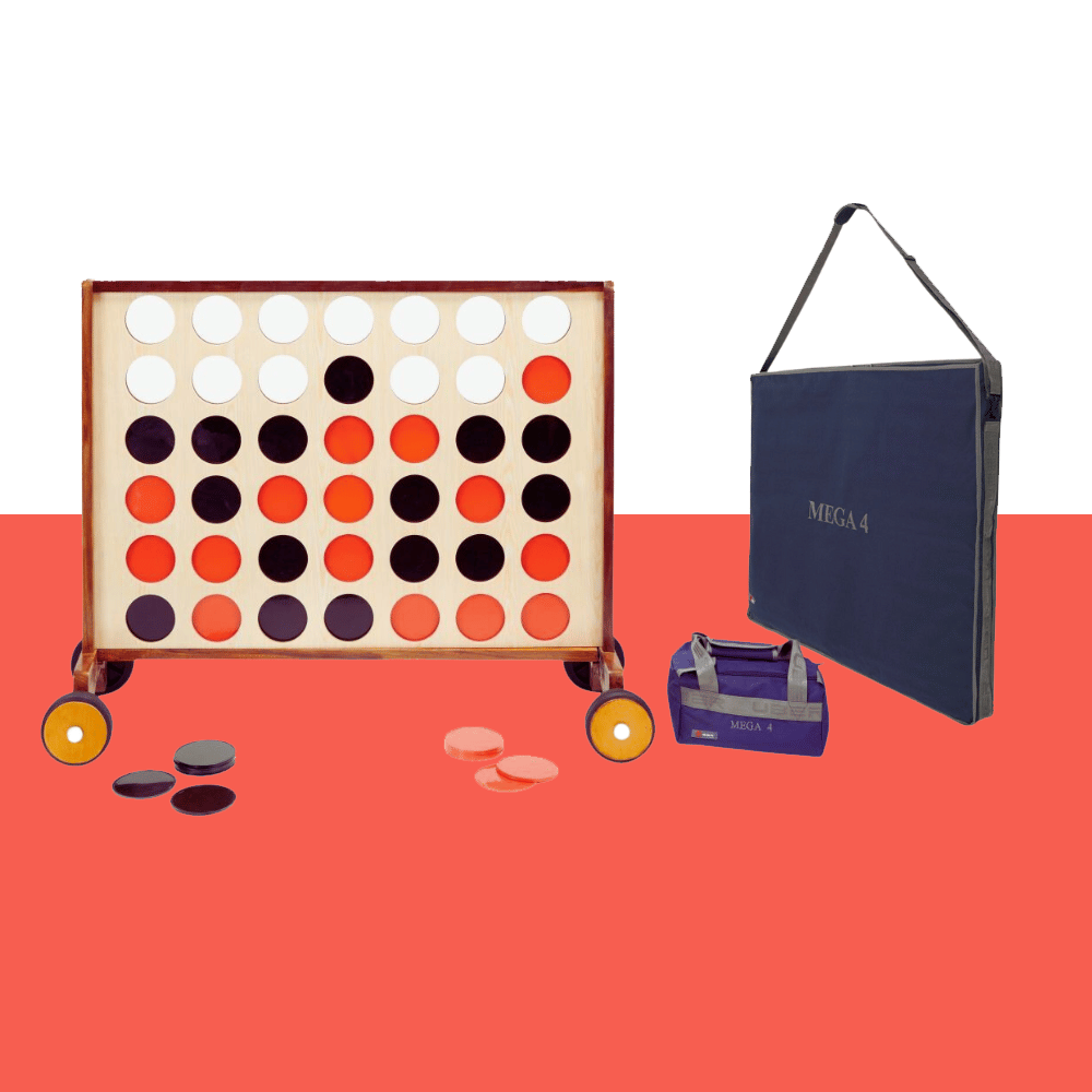 "Wooden Mega 4 game with alternating red and black discs, featuring yellow wheels, accompanied by a blue storage bag and a Mega 4 carrying case, all set against a red background."