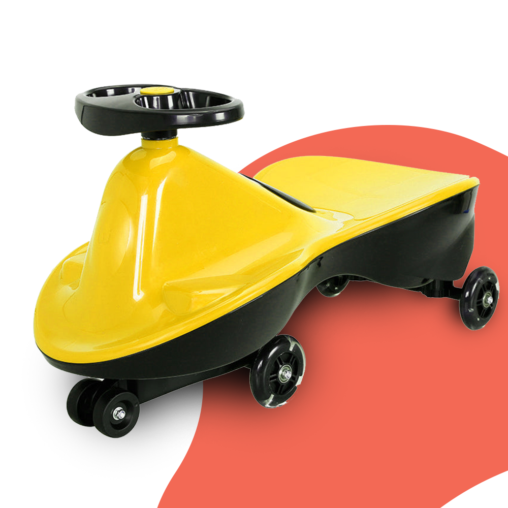 A front-side view of a yellow ride-on toy with a black base and steering wheel, showcasing the sleek and compact design.