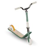 Children's scooter with green frame and white handlebar on a white background