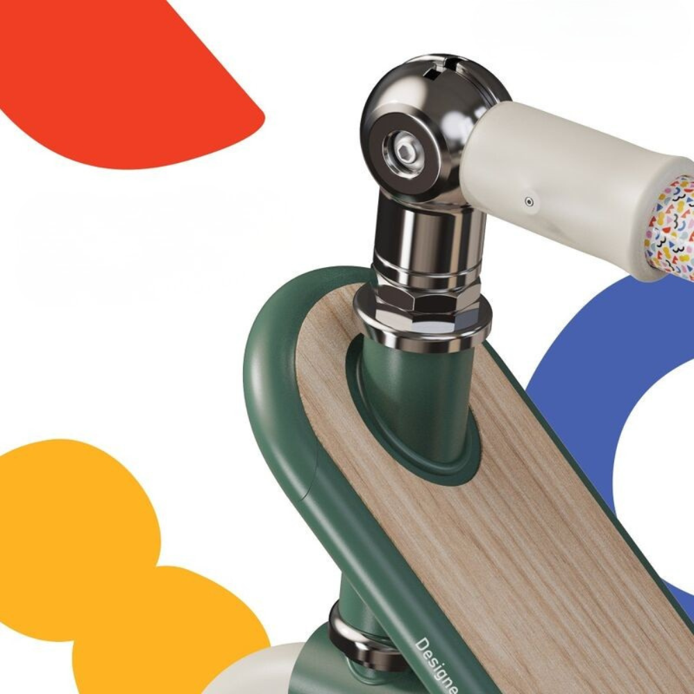 Close-up of a skateboard with colorful wheel designs on a white background