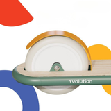 Yvolution product with colorful abstract shapes in the background