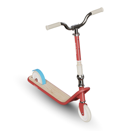 Red scooter with a wooden deck and white handlebar on a white background
