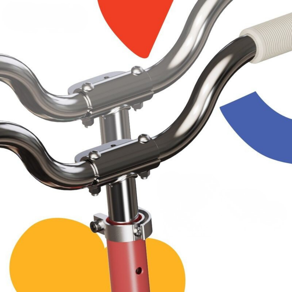 Close-up of bicycle handlebars with colorful geometric shapes on a white background