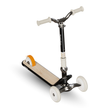 Children's scooter with wooden deck and white wheels on a white background