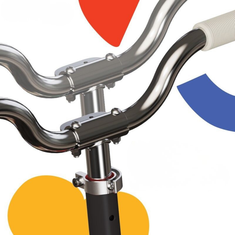 Close-up of bicycle handlebars with colorful geometric shapes on a white background