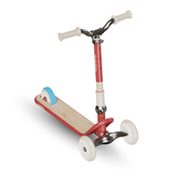 Red scooter with a wooden seat on a white background