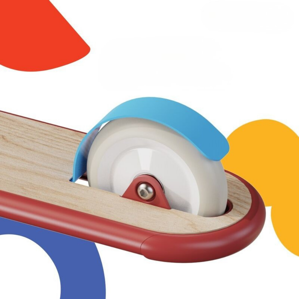 Colorful toy train track with a wheel on a white background