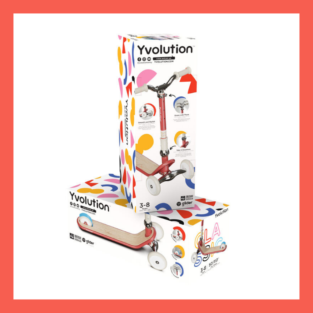 Yvolution scooter with colorful packaging on a white background