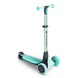 Turquoise scooter with black handlebar and wheels on a white background