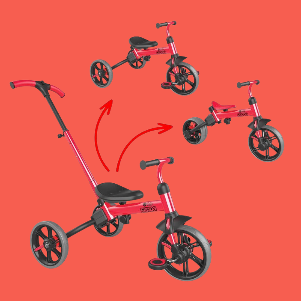 Red children's tricycle with multiple views on a red background