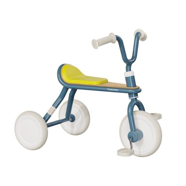 Children's tricycle with blue frame, yellow seat, and white wheels on a white background