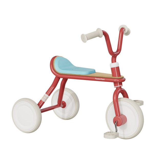 Red and white tricycle with a blue seat on a white background
