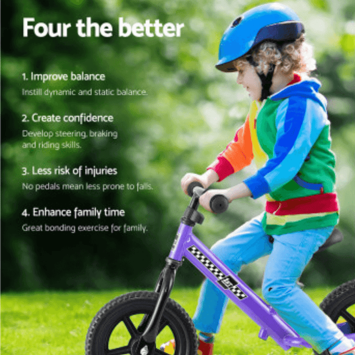 Image of a kid riding the purple ride-on balance bike on a green garden-like background  