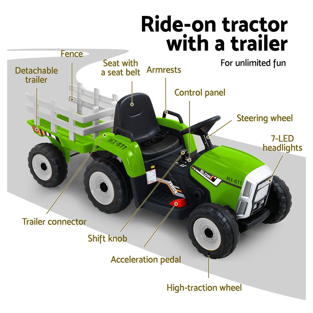 Rigo Kids Electric 12v Farm Tractor Trailer Ride-On Kids Car - Green