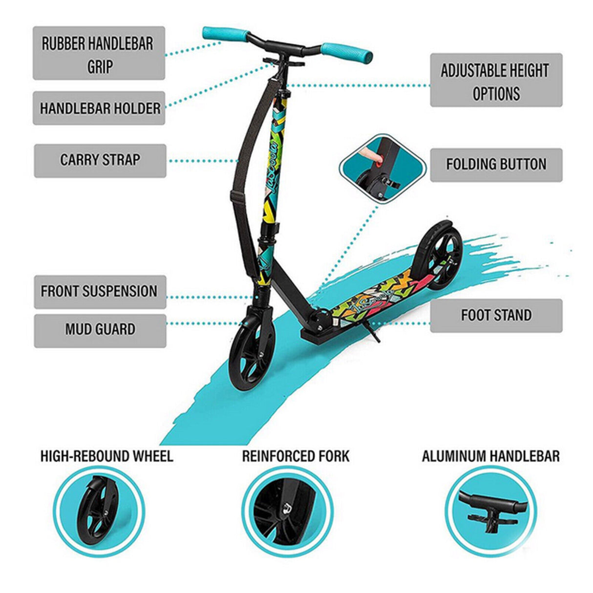 Lascoota Pulse Kick Push Commuter Scooter for Teens and Adult - Graphic Black