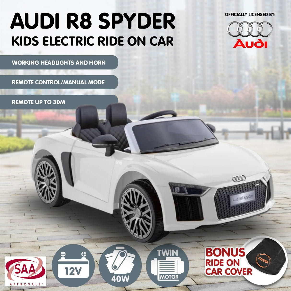 Kahuna R8 Spyder Audi Licensed 12v Electric Ride On Kids Car with Remote  - White