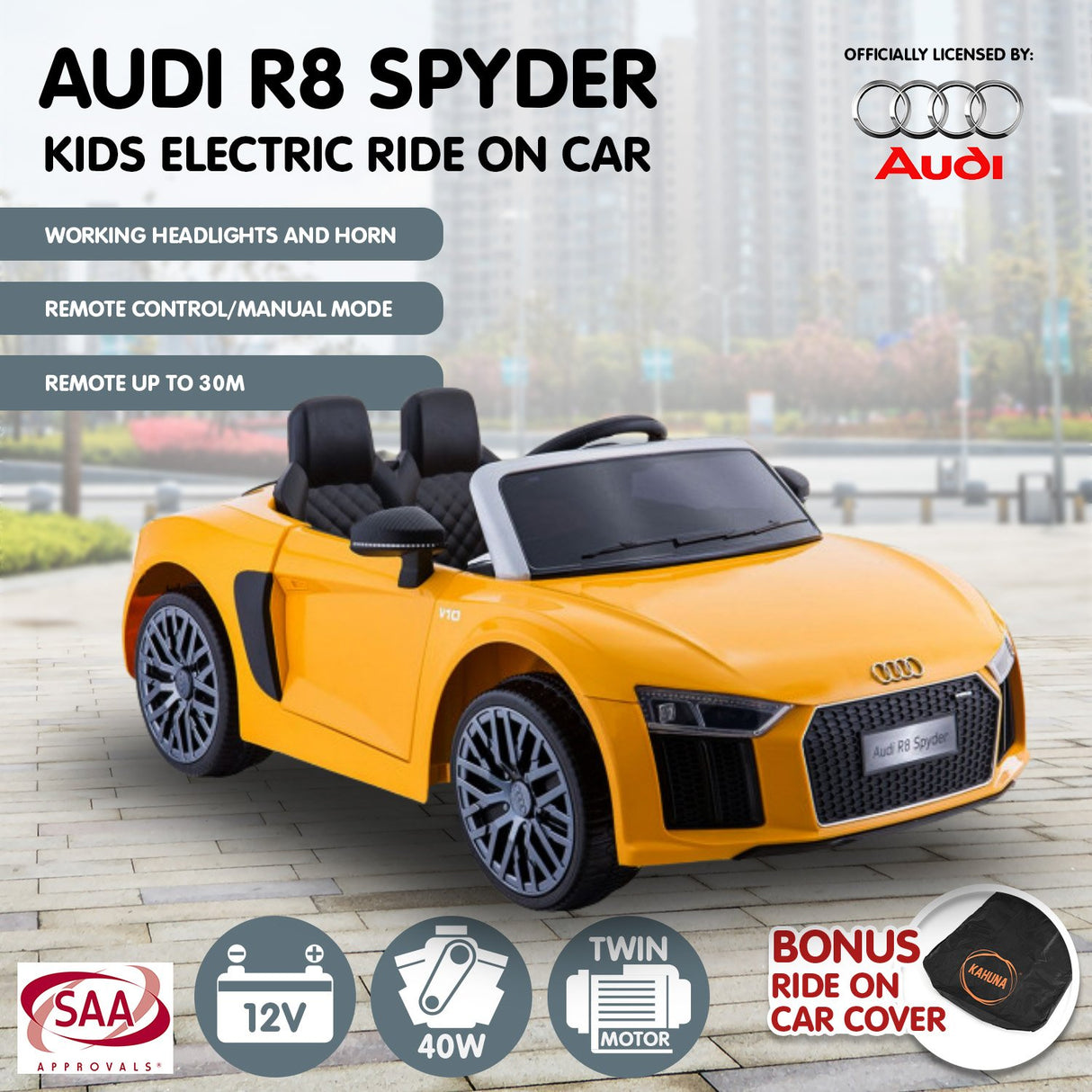 Kahuna 12v Licensed Audi R8 Spyder Kids Electric Ride On Car with Remote - Yellow