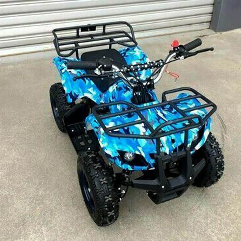 Blue and black MJM 49cc petrol-powered 2-stroke farm kids ATV quad bike with knobby tires and a steel grill tray at the rear.