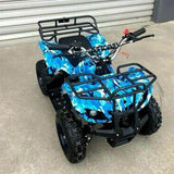 Blue and black MJM 49cc petrol-powered 2-stroke farm kids ATV quad bike with knobby tires and a steel grill tray at the rear.